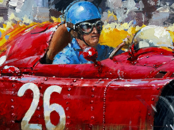 Painting Formula One Racing 1955 Monaco Grand Prix Alberto Ascari Red Lancia D50 - Cheshire Antiques Consultant Ltd