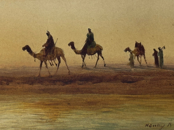 Painting Suez Canal Group Of Bedouin Tribesman With Camels Travelling Along Bank - Cheshire Antiques Consultant Ltd