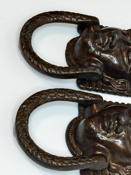 Pair Historic Mythical 19th Century Egyptian Sphinx Head Mask Bronze Door Knockers - Cheshire Antiques Consultant Ltd