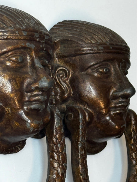 Pair Historic Mythical 19th Century Egyptian Sphinx Head Mask Bronze Door Knockers - Cheshire Antiques Consultant Ltd