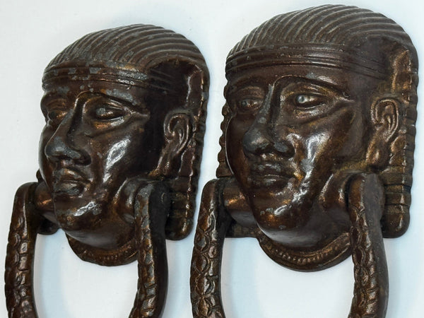 Pair Historic Mythical 19th Century Egyptian Sphinx Head Mask Bronze Door Knockers - Cheshire Antiques Consultant Ltd