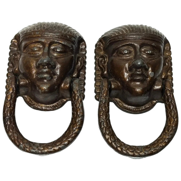 Pair Historic Mythical 19th Century Egyptian Sphinx Head Mask Bronze Door Knockers - Cheshire Antiques Consultant Ltd