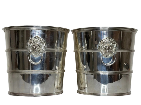 Pair Regency Style Lion Barrel Silver Champagne Ice Coolers - Cheshire Antiques Consultant Ltd