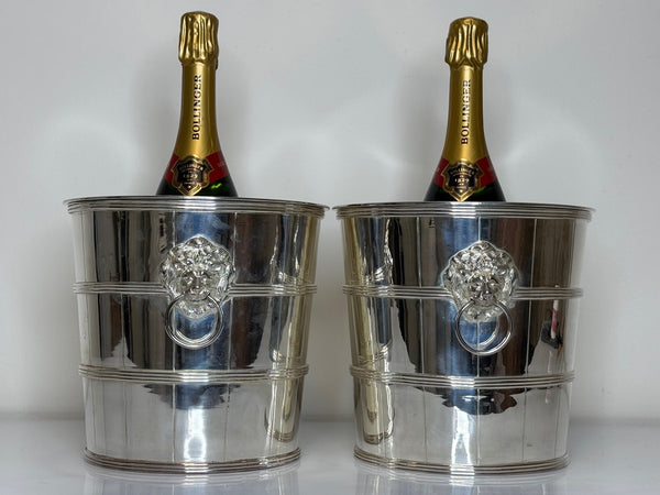 Pair Regency Style Lion Barrel Silver Champagne Ice Coolers - Cheshire Antiques Consultant Ltd