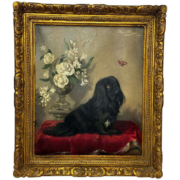 Postwar Oil Painting Prized Pekingese Dog Watching A Butterfly By Paul Desmond Fitzgerald - Cheshire Antiques Consultant Ltd