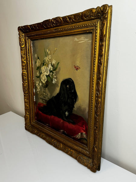 Postwar Oil Painting Prized Pekingese Dog Watching A Butterfly By Paul Desmond Fitzgerald - Cheshire Antiques Consultant Ltd