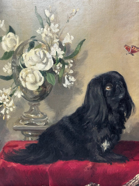 Postwar Oil Painting Prized Pekingese Dog Watching A Butterfly By Paul Desmond Fitzgerald - Cheshire Antiques Consultant Ltd