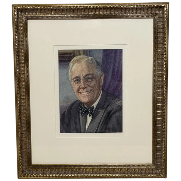 Franklin D. Roosevelt (FDR) Portrait Watercolour, Signed Beatrice S. Bullock, WWII Era, Inscribed Verso