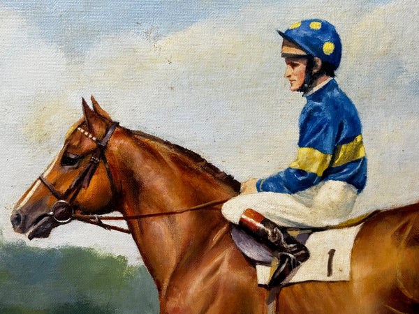 Racing Oil Painting Winner Grundy Epsom Derby 1975 Jockey Pat Eddery Up - Cheshire Antiques Consultant Ltd