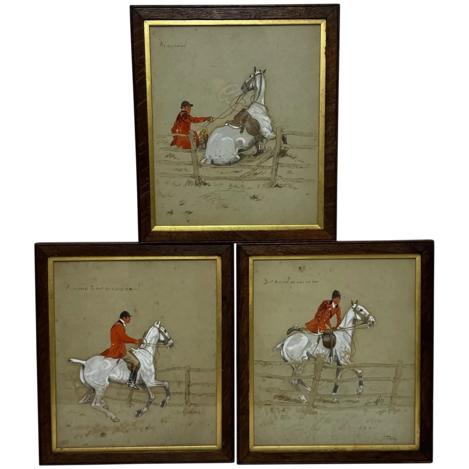 Set 3 English Hunting Paintings Red Coat On Grey By Charles Johnson Payne Snaffles - Cheshire Antiques Consultant Ltd