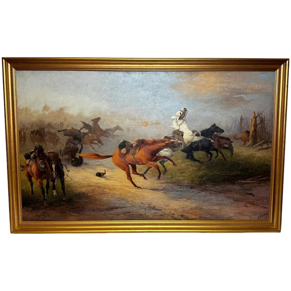 Oil Battle Portrait Runaway Horses | WWI Western Front Charleroi Great Retreat By Edith A. Simkins