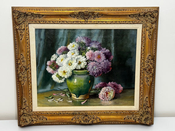 Victorian Oil Painting Flowers Chrysanthemums In Vase By Emily Selinger - Cheshire Antiques Consultant Ltd