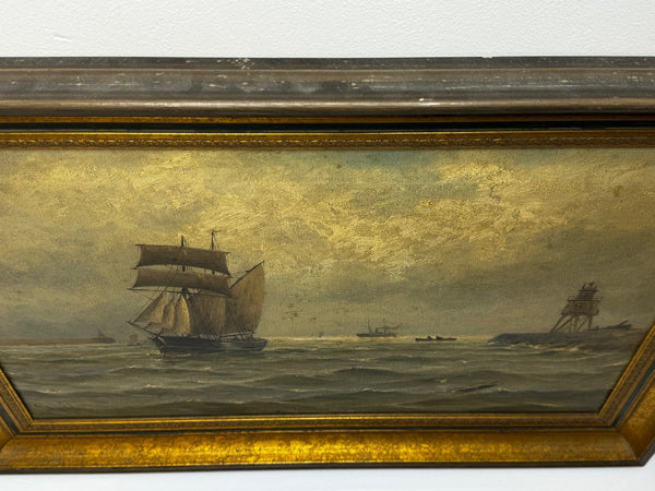 Victorian Oil Painting Schooner The Tyne By Groyne Herd Lighthouse By John Davison Liddell - Cheshire Antiques Consultant Ltd