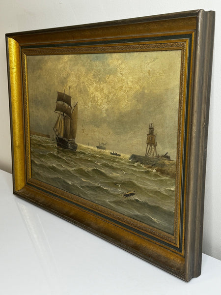 Victorian Oil Painting Schooner The Tyne By Groyne Herd Lighthouse By John Davison Liddell - Cheshire Antiques Consultant Ltd