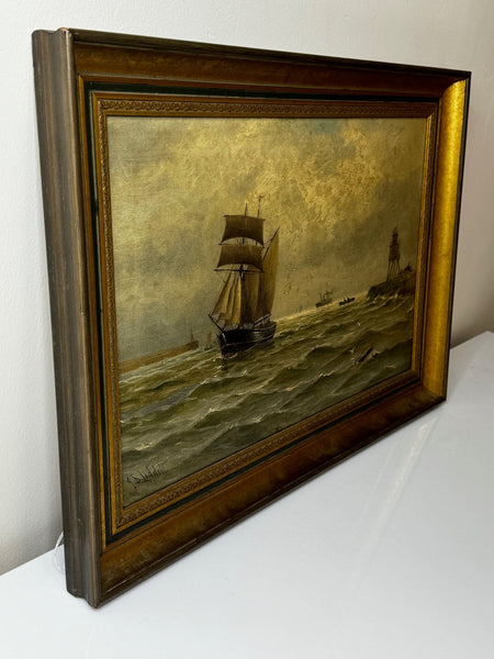 Victorian Oil Painting Schooner The Tyne By Groyne Herd Lighthouse By John Davison Liddell - Cheshire Antiques Consultant Ltd