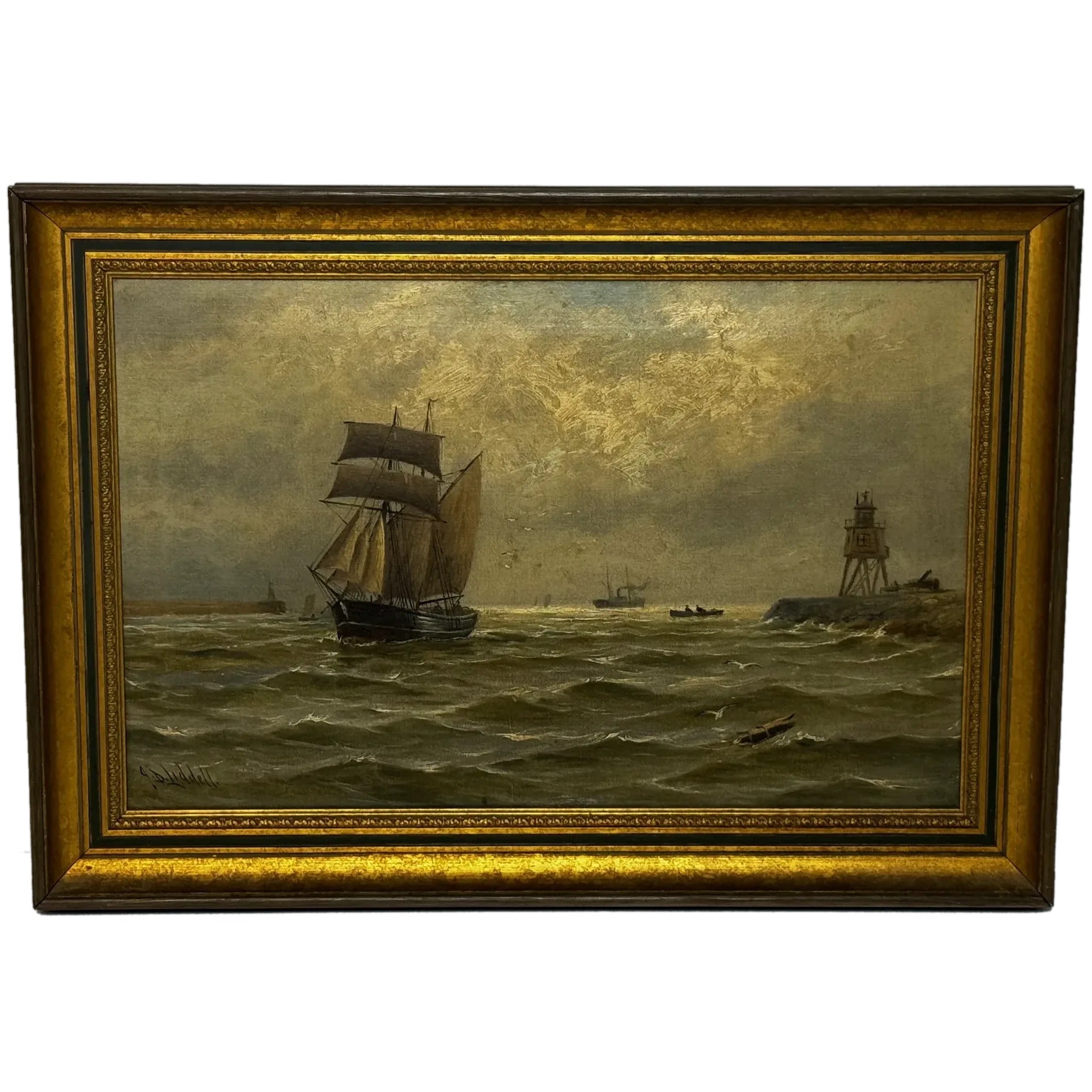 Victorian Oil Painting Schooner The Tyne By Groyne Herd Lighthouse By John Davison Liddell - Cheshire Antiques Consultant Ltd