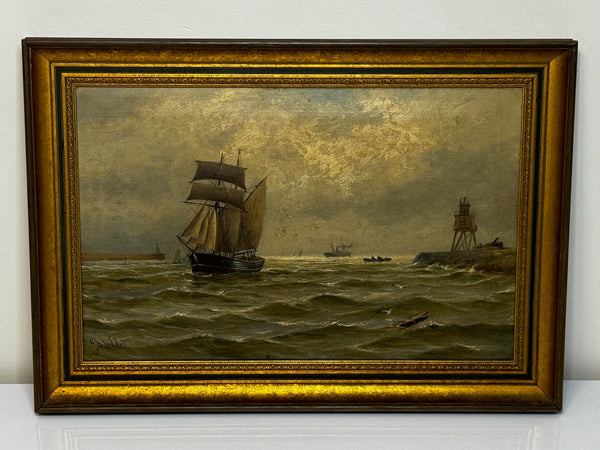 Victorian Oil Painting Schooner The Tyne By Groyne Herd Lighthouse By John Davison Liddell - Cheshire Antiques Consultant Ltd