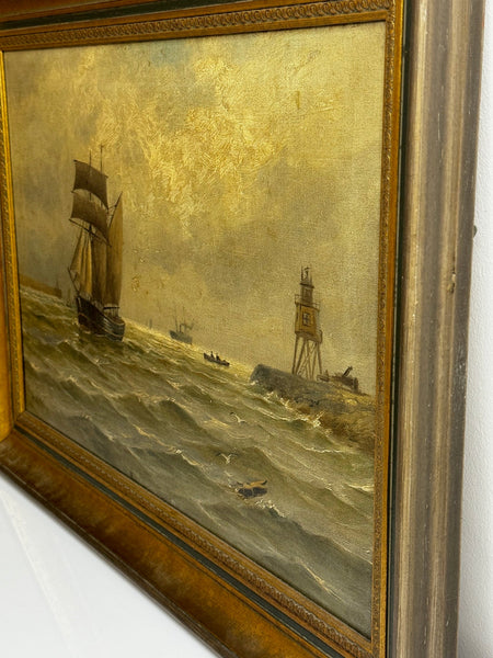 Victorian Oil Painting Schooner The Tyne By Groyne Herd Lighthouse By John Davison Liddell - Cheshire Antiques Consultant Ltd