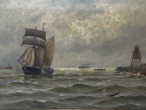 Victorian Oil Painting Schooner The Tyne By Groyne Herd Lighthouse By John Davison Liddell - Cheshire Antiques Consultant Ltd