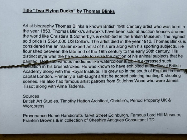 Victorian Painting Game Birds Two Ducks Flying Away By Thomas Blinks - Cheshire Antiques Consultant Ltd