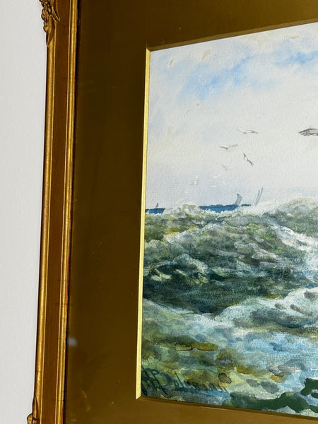 Watercolour Proud Dominant Seagulls Flying & Landing On The Rocks C1911 - Cheshire Antiques Consultant Ltd
