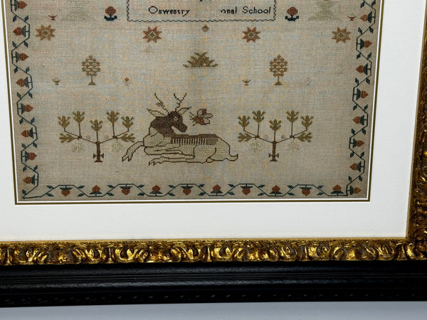 William IV Stag Looking At Bee Tapestry Sampler By Rachel 1831 Oswestry School - Cheshire Antiques Consultant Ltd