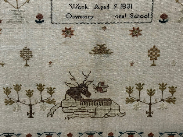 William IV Stag Looking At Bee Tapestry Sampler By Rachel 1831 Oswestry School - Cheshire Antiques Consultant Ltd