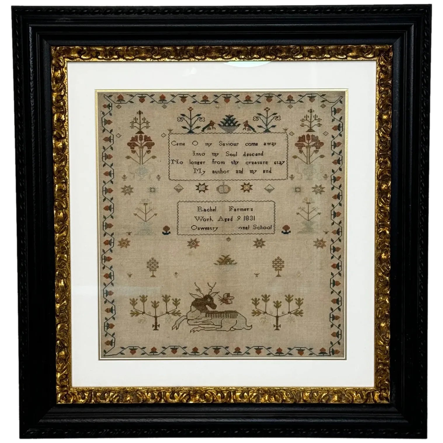 William IV Stag Looking At Bee Tapestry Sampler By Rachel 1831 Oswestry School - Cheshire Antiques Consultant Ltd