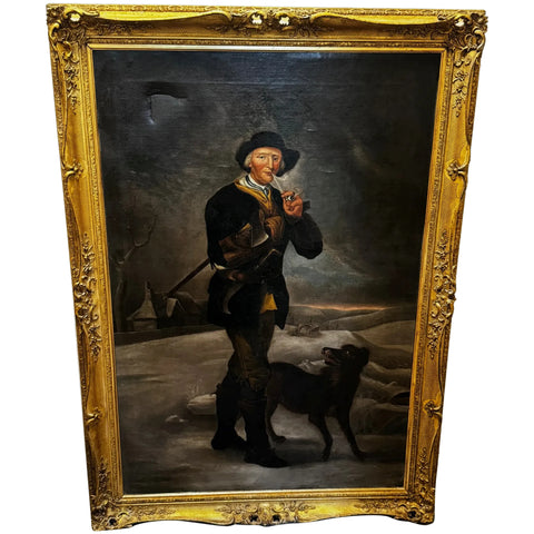 Oil Painting Victorian Bavarian Huntsman Pipe Smoker Woodcutter Terrier Dog After Edwin Landseer