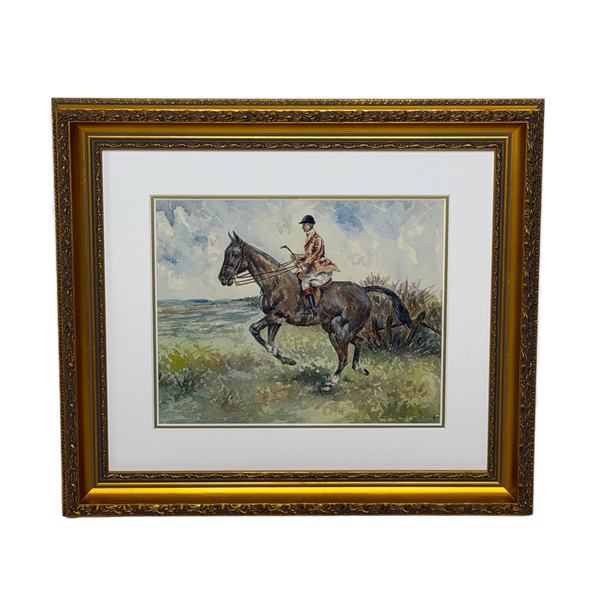 Equestrian Watercolour Mounted Huntsman on a Bay Hunter