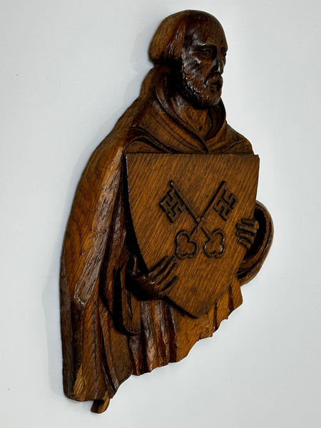 19th Century Carved Religious Figure Saint Holding Shield Crossed Keys Of Heaven - Cheshire Antiques Consultant