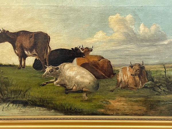 19th Century Oil Painting Cattle In Water Meadow Attributed William Fleming - Cheshire Antiques Consultant