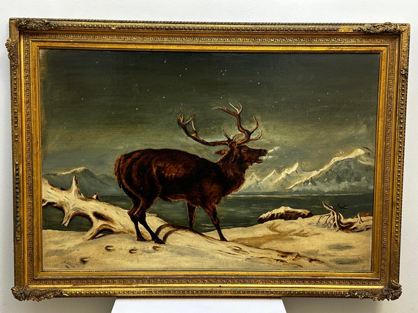 19th Century Oil Painting Winter Monarch Of The Glen Stag In Starlit Sky Highlands - Cheshire Antiques Consultant