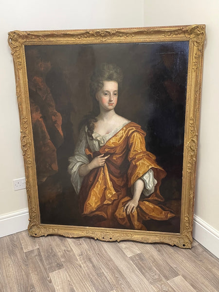 Huge 17th Century Oil Painting Portrait Royal Princess In Golden Dress Circle Of Godfrey Kneller