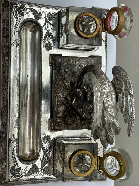 English 19th Century Victorian Silver Plate Crane Bird Inkwell Stand