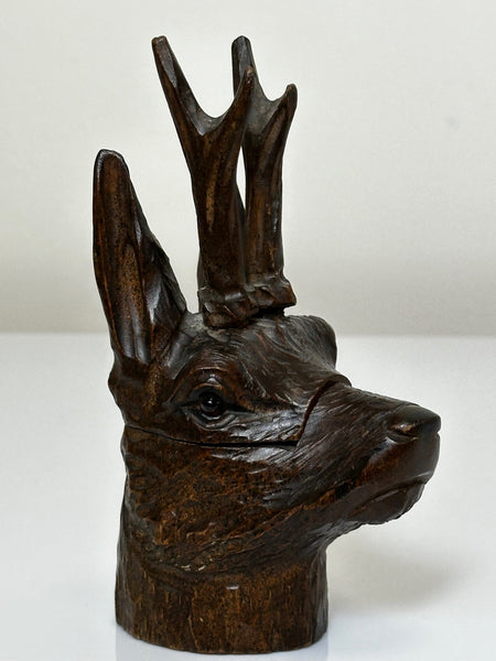 Black Forest Carved Oak Wood Ink Pot Stags Head Sculpture - Cheshire Antiques Consultant