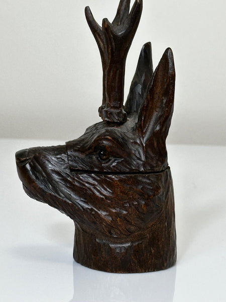Black Forest Carved Oak Wood Ink Pot Stags Head Sculpture - Cheshire Antiques Consultant