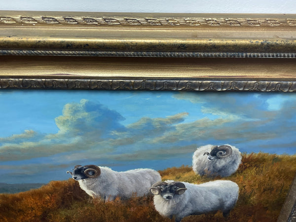 British Oil Painting Portrait Of 3 Sheep In Highlands Signed Elizabeth Halstead - Cheshire Antiques Consultant