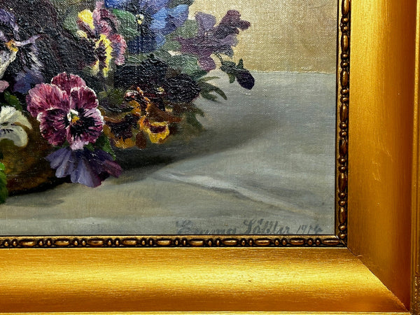 Danish Oil Painting Still Life "Pansies" Flowers Signed Emma Løffler 1843 – 1929 - Cheshire Antiques Consultant