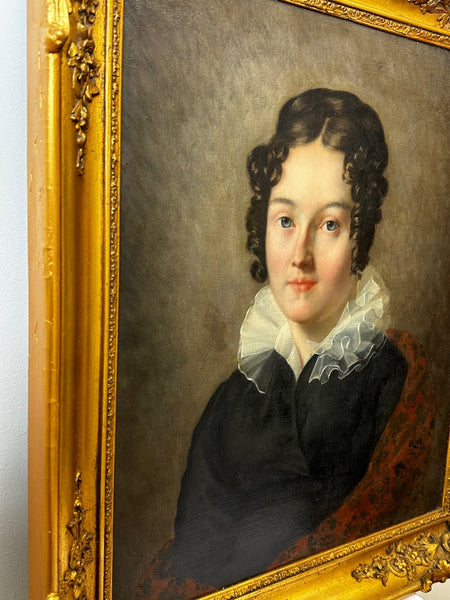 Early Victorian Oil Painting Portrait Graceful Young Brunette Lady Blue Eyes - Cheshire Antiques Consultant