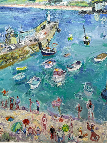 Expressionist Oil Painting St Ives Smeaton's Pier Beach Cornwall By Linda Weir - Cheshire Antiques Consultant
