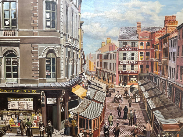 Figurative Oil Painting Manchester "The Street Traders" By Patrick Burke - Cheshire Antiques Consultant