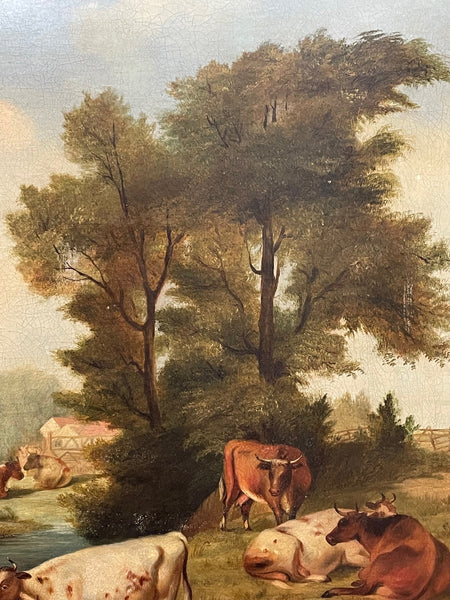 Large Georgian Oil Painting Cattle Gathered Watering - Cheshire Antiques Consultant