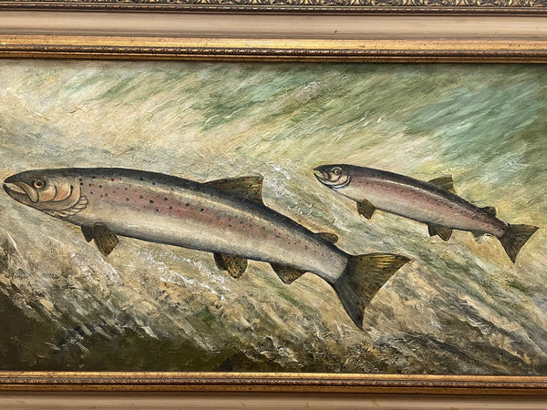 Large Oil Painting 2 Salmon Fish Leaping Upstream After John Bucknell Russell - Cheshire Antiques Consultant
