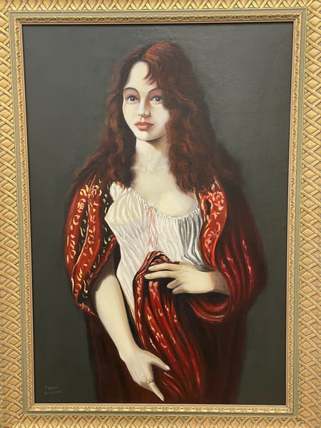 Large Oil Painting Portrait Scottish Lady In Red Shawl - Cheshire Antiques Consultant