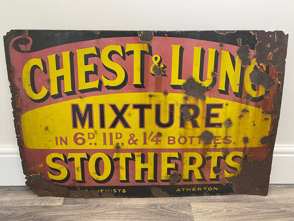 Medicine Chemist Stotherts Atherton Chest & Lung Mixture Enamel Sign - Cheshire Antiques Consultant