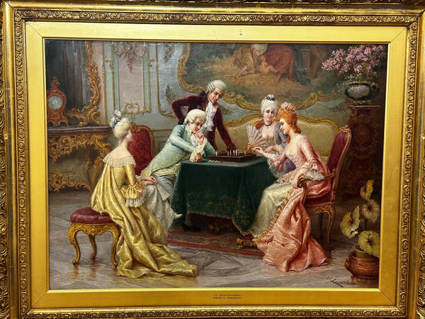 Mid 19th Century Italian Genre Oil Painting A Chess Problem by Carlo Ferranti - Cheshire Antiques Consultant