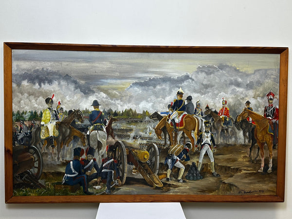 Oil Painting Battle Waterloo Red Coats Against French Napoleon & Ney Overlooking - Cheshire Antiques Consultant