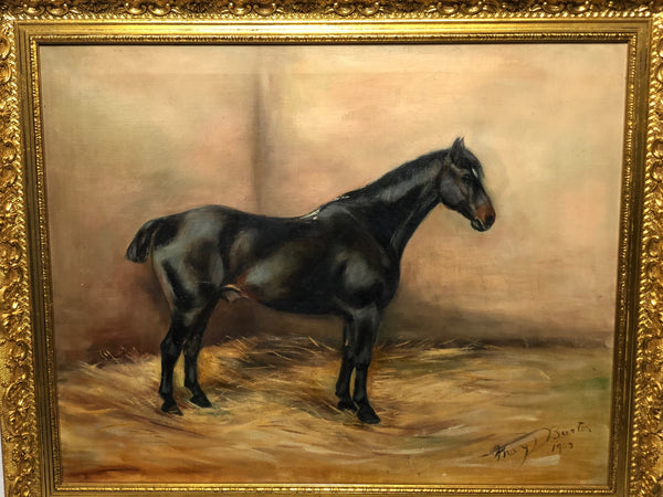 Oil Painting Equine Portrait Black Horse In Stable By Alice Mary Burton RBA - Cheshire Antiques Consultant