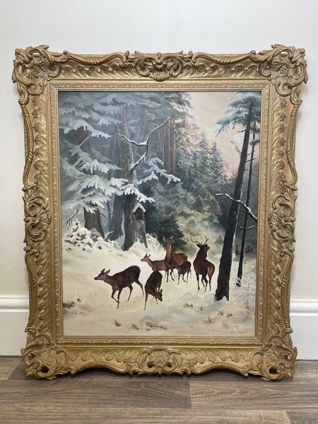 Oil Painting Herd Roe Deer & Stag In Winter Snow Forest - Cheshire Antiques Consultant